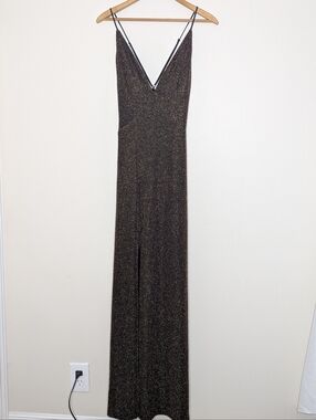 Leith Black & Metallic Gold Full-Length Gown Women's Medium Bodycon Prom Dress